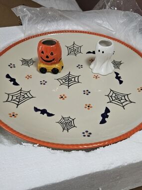 Boofetti Halloween Spiderweb Plate with Pumpkin & Ghost Figurines Holders